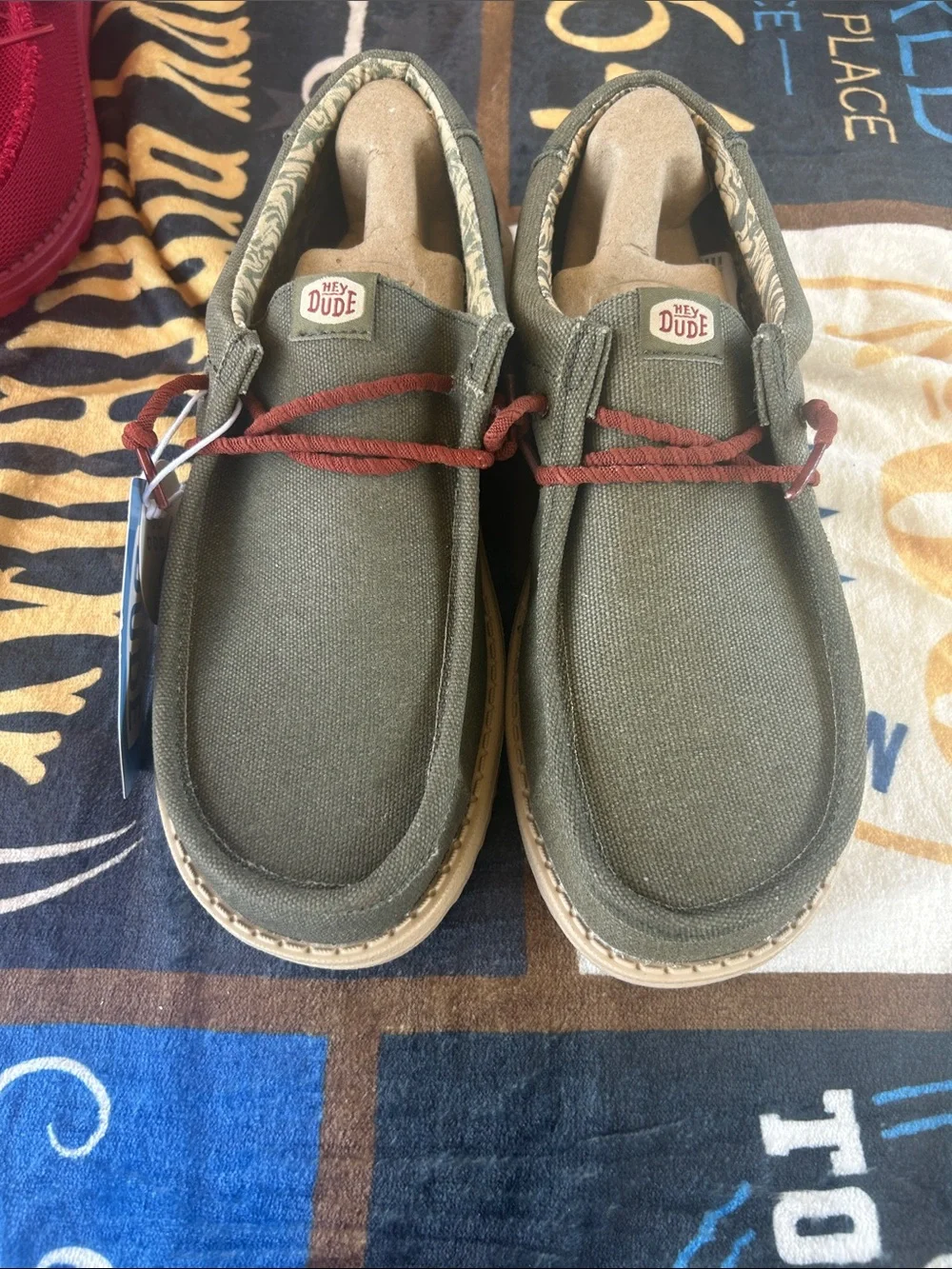 Hey Dude Olive Canvas Slip-Ons with Rust Laces